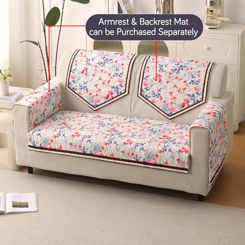 Image of HOKIPO 'Florentina Series' Foam Filled Premium Holland Velvet Sofa Cover Mat for 2 Seater Sofa with Anti-Slip Backing, Scarlet Rose Ivory (IN-879-V4)