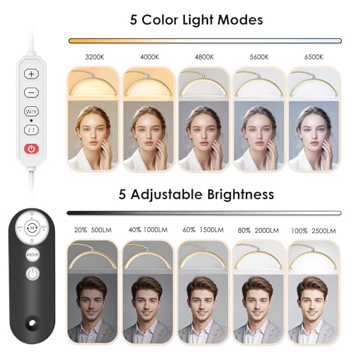 Image of Lash Light, Flexible Half Moon Light with Phone Holder for Eyelash Nail Art Tattoos Skincare, 5 Color Temperatures & Brightness Setting LED Floor Lamp, Height Adjustable Esthetician Lamp