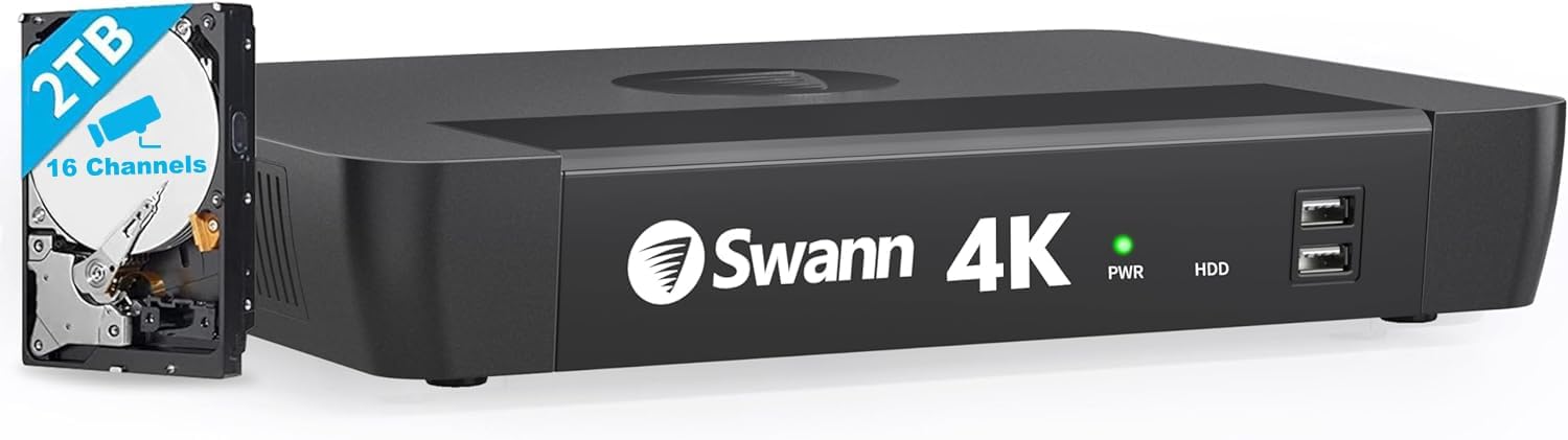Swann4K 16Channel Security Camera System NVR Recorder: nvr-8580 Security PoE NVR Box with 2TB HDD,24/7 Continuous Recording,Work with Swann IP 12MP/4K/5MP/4MP HD Cameras, SRNVR-168580H