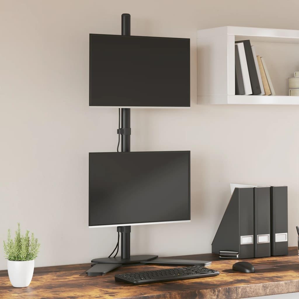 Supporto da tavolo per 2 monitor, in acciaio nero, VESA 75/100 mm, regolabile in altezza, girevole, per ufficio, gaming, soggiorno, con supporto e gestione dei cavi