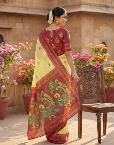 Image of SIRIL Women's Printed Cotton Linen One Minute Ready to Wear Saree With Unstitched Blouse Piece