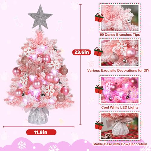 24In-Tabletop-Christmas-Tree-Snow-Flocked-Mini-Christmas-Tree-Includes-DIY-Ornaments-35-LED-Lights-Star-Treetopper-Small-Xmas-Artificial-Tree-for-Holiday-Indoor-Decoration-Baby-Pink 24In Tabletop Christmas Tree Snow Flocked Mini Christmas Tree Includes DIY Ornaments 35 LED Lights Star Treetopper Small Xmas Artificial Tree for Holiday Indoor Decoration Baby Pink