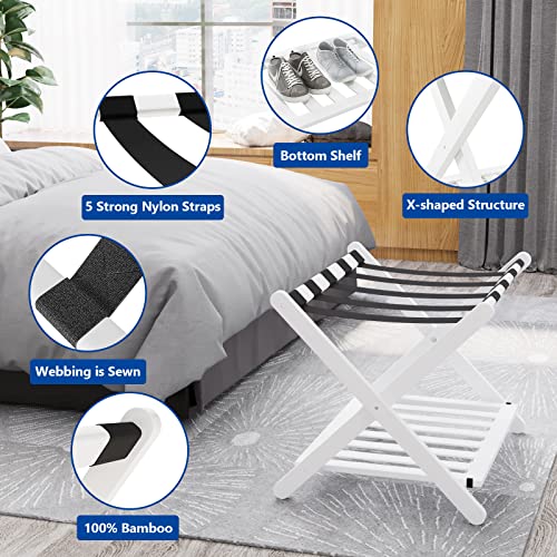 Smuxee Fully Assembled White Luggage Rack Pack of 2, Bamboo Foldable Suitcase Stand with 5 Nylon Straps, Luggage Holder with Shelf for Guest Room Bedroom Hotel (White Luggage Rack 2pcs)