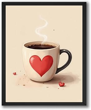 InkFlow Posters Kitchen Coffee Mug Canvas Poster - Minimal Heart Cup Illustration Art - Simple Culinary Graphic Print - Warm Coffee Accent Design - 8x10 ROLLED CANVAS Print