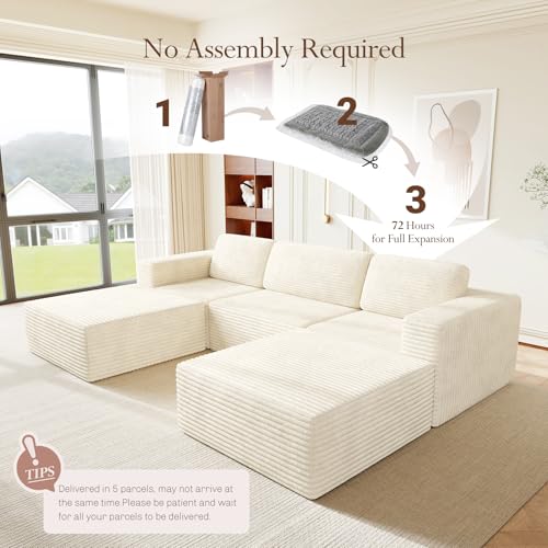 Image of Vesgantti 119 inch Oversized U-Shaped Modular Sectional Sofa, Corduroy Cloud Couch with Deep Seating & Spring Support, Convertible Sofa with 2 Ottomans, Boneless Couch, No Assembly Required, Beige