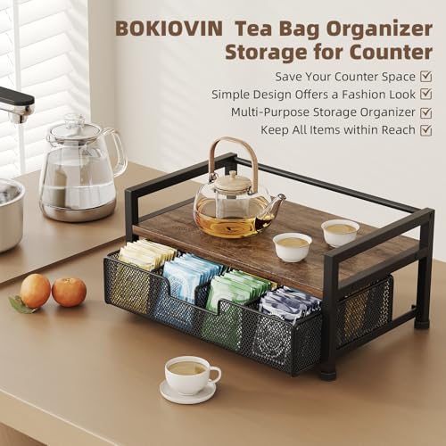 BOKIOVIN Metal Tea Bag Holder Storage Organiser Box with Drawer 8 Compartments, Coffee Bar Station Organiser Accessories, (Black) - Image 2