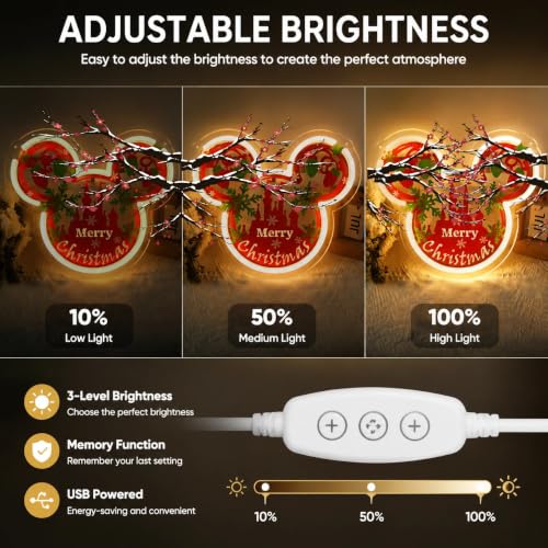 Image of Christmas Mouse Ear Neon Sign for Wall Decor - Dimmable LED Festive Castle Light with USB Power - Xmas Holiday Decoration for Home, Bedroom, Kids Room, Fireplace (11.81 inch x 9.84 inch)