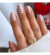 Christmas Press on Nails Short Square Fake Nails Pink Full Cover Glitter White Swirl False nails ...
