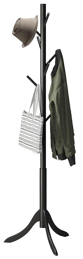 Bamboo Wood Coat Rack Stand, Freestanding Coat Tree with 8 Hooks, Hallway Entryway Hat Hanger Organizer Standing for Bedroom, Office, Clothes, Jackets, Bags, Umbrallas