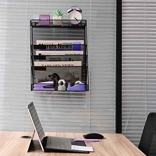 Hmxljjy Mesh Wall File Organizer,5 Tier Vertical Mount Hanging Organizer With Top Bottom Flat Tray,Mail Organizer For Papers,Files Clipboard & Magazine Organization,Great For Office,Home(Black) #TOP5