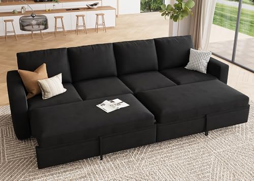 Image of HONBAY Modular Sectional Sleeper Sofa Bed, with Pull Out Bed, Linen Convertible Sectional Couches for Living Room - Black