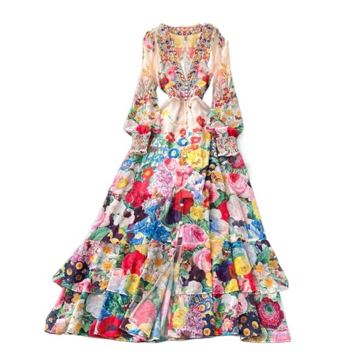 Long Sleeve Vintage Floral Ethnic Style Formal Party Dress-Apricot-Large