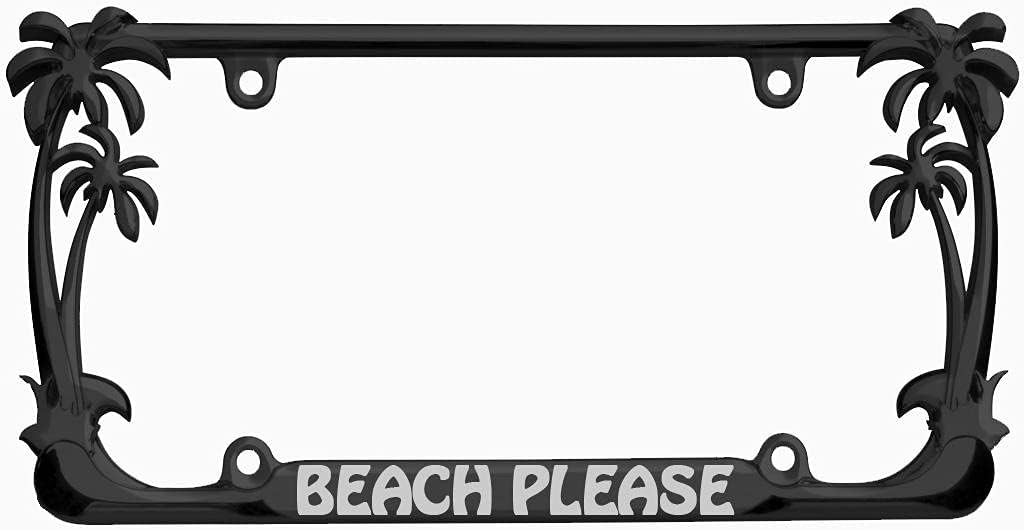 Beach Please Palm Tree Design Metal Auto License Plate Frame Car Tag Holder (Black/Silver)