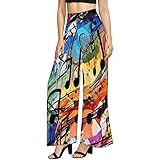 Garronmavis Graffiti Musical Notes Paintings Women's Casual Lounge Pants, Song Staff Lightweight Wide Leg Palazzo Pants, Music Soce Loose High Waist Pants with Plus Size - 2XL