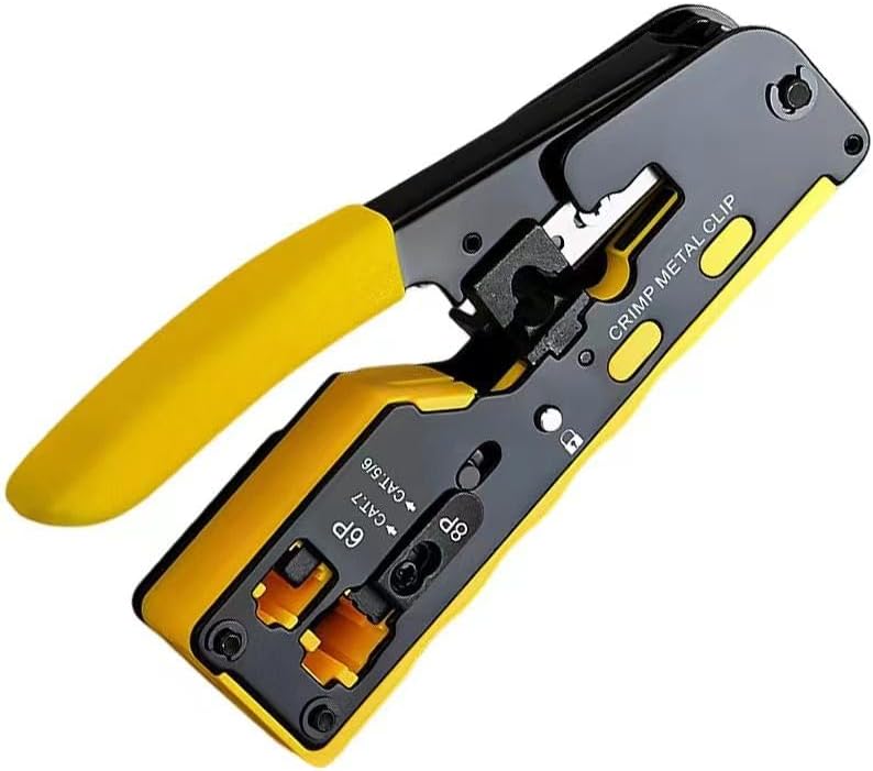 RJ45 Crimp Tool，Modular Data Cable Crimper/Stripper/clamp, Suitable for RJ11/RJ12 Standard, RJ45 Pass Through Connector, Free Wire Stripper Blade 20PCS, Wire Cutter Blade 20PCS (Yellow)