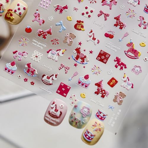 Image of Colorful Nail Stickers Pony Horse Nail Art Stickers 5D Embossed Self Adhesive Nails Art Designs Supplies for Women Manicure Decoration Accessories 1 Sheets