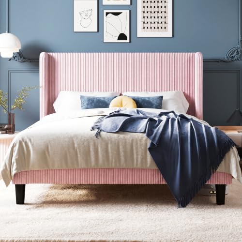 Image of Allewie Full Size Platform Bed with Corduroy Wingback Headboard, Pink | 800 lb Capacity, Corduroy Wingback Headboard, Vertical Channel Design, Wood Slat Support, No Box Spring Needed, Easy Assembly