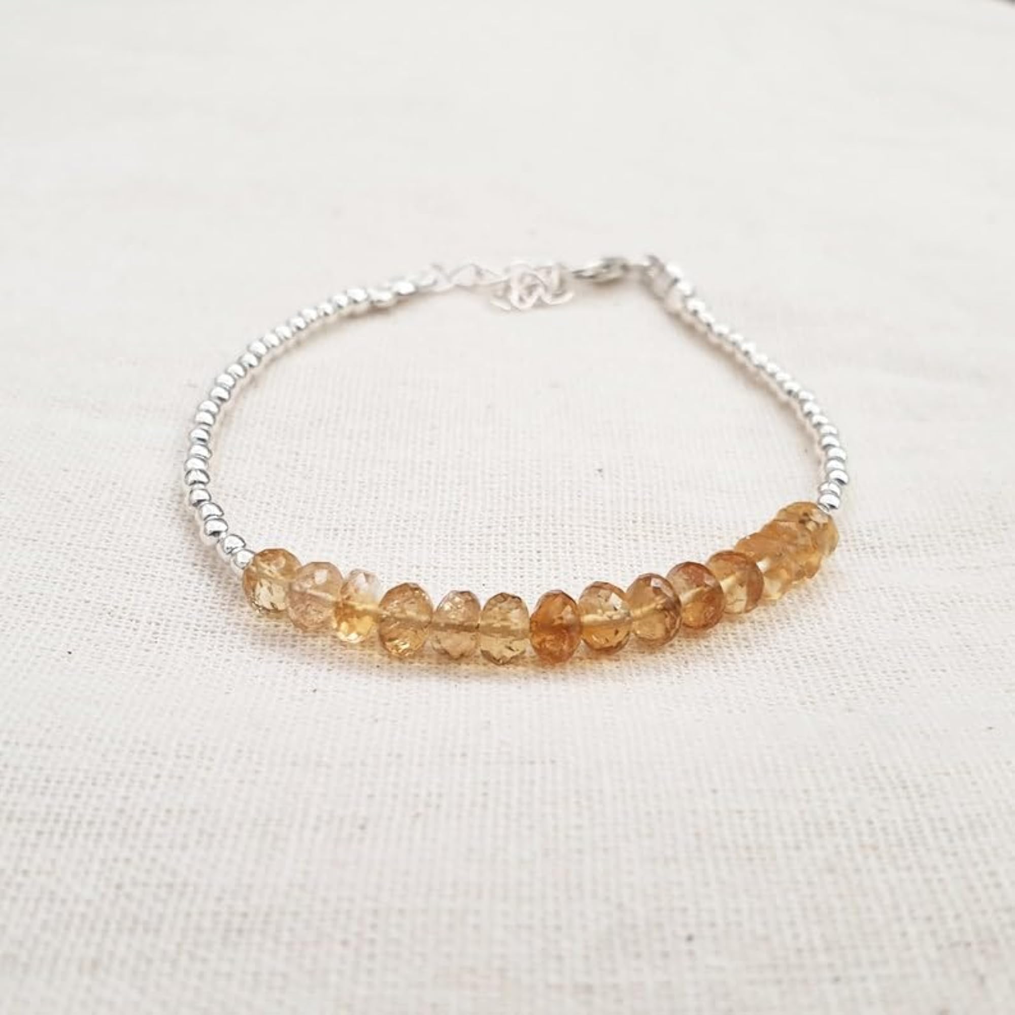 Citrine Rondelle Beaded Bracelet with Silver Lock, Adjustable 7 Inch