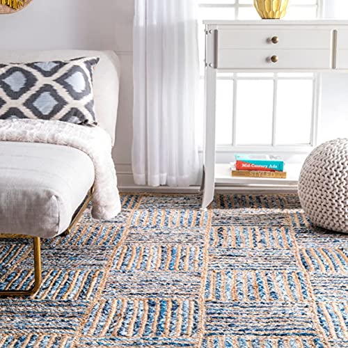 Image of Jute Braided Natural Hand Woven & Reversible Rug for Living Room Kitchen Entryway, Farmhouse Rustic Burlap Carpet Floor Mat (denimbox, 6X9-feet)