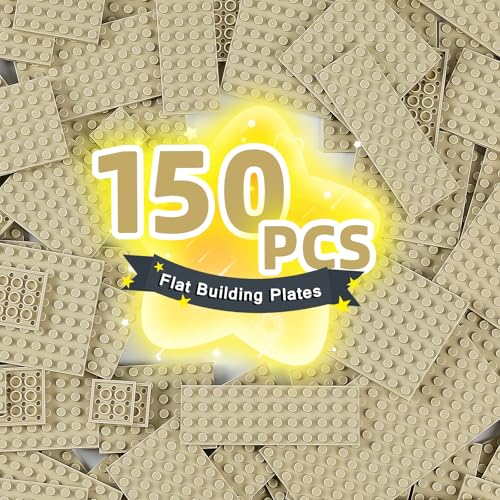 Noorastars 150 Pieces Small Base Plate Sets, Classic Flat Pieces for Moc Building, 12 Size DIY Building Boards - Compatible with Lego and All Major Brands, Tan