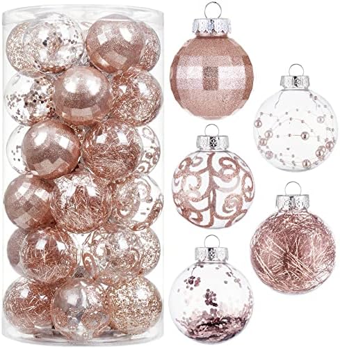 Wironlst Christmas Ball Ornaments Shatterproof Clear Large Plastic Hanging Ball Decorative Baubles Set with Stuffed Delicate Decorations (60mm/2.36", Rose Gold)