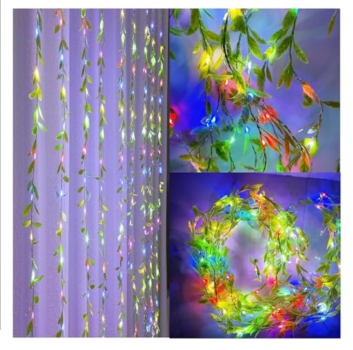 Image of URM Artificial Vine Leaf Curtain LED String Copper Light, 200 LEDs, 8 Modes, Remote Control, Adjustable Brightness, AC Plug, 3x2m- for Bedroom, Garden & Birthday Decor (Multicolor, 3x2 Meter)