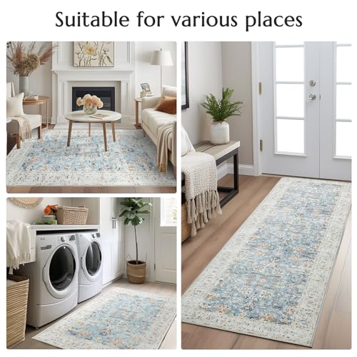 JINCHAN Area Rug 3x5 Door Mat Vintage Rug Doormat Indoor Entrance Mat Foldable Thin Rug Blue Floral Print Carpet Non Slip Boho Farmhouse Kitchen Living Room Bedroom Dining Room Bathroom - Image 3