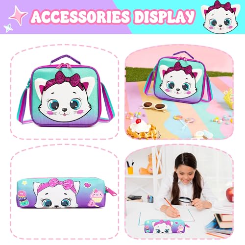 Rolling Backpack with Wheels for Girls Kids Cute Cat Rolling Backpack with Lunch Bag and Pencil Case Set Kids Travel Luggage for Elementary Girls Ages 5-124
