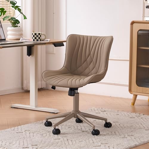 Image of YOUTASTE All Khaki Office Chair, Modern Armless Desk Chair with Back, Adjustable Swivel Rolling Faux Leather Task Chair with Wheels Metal Base for Home Office, Study, or Vanity