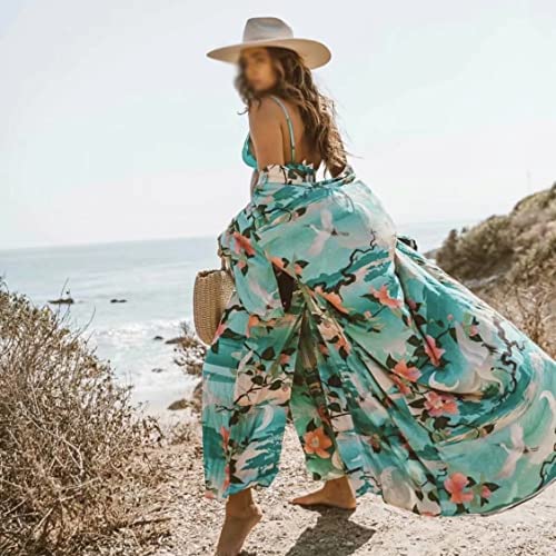 Robe Kimono Bohème Verte Imprimé Fleuri Col V Fluide S