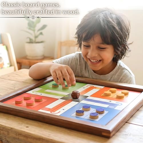 Image of Wooden Ludo Board Game with Snakes & Ladders - 2 in 1 Handmade Pure Rosewood Board Game | Classic Family Indoor Game for Kids & Adults | Travel Friendly Traditional Game with Dice & Pawns (10.5 Inch)