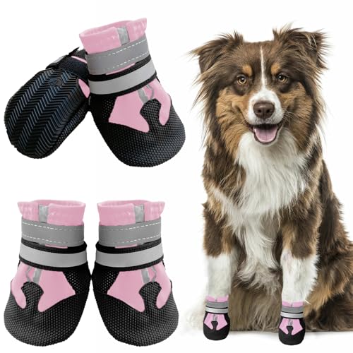 Muecleao Hundeschuhe Pfotenschutz, 4 Stück Wasserdicht Anti-Rutsch Hundestiefel mit Rutschfester Sohle und reflektierendem Klettverschluss, Hunde Schuhe für kleine, Mittlere und Große Hunde (Rosa, S)