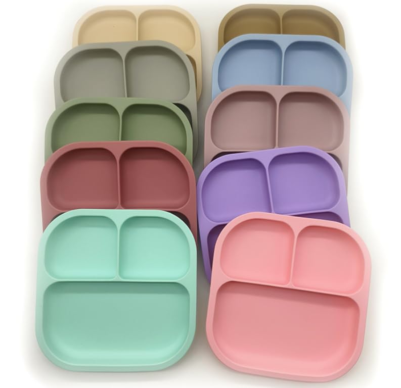 9" Stainless Steel Suction Plates for Baby (3-Pack) with Forks & Spoons - Toddler Utensils Set for Baby Led Weaning, Divided Plates with Removable Silicone Sleeves, Microwave & Dishwasher Safe