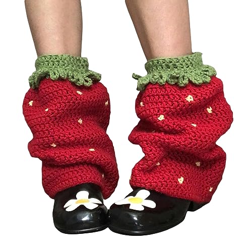 Women Strawberry Leg Warmers Cute Crotchet Knitted Leg Warmers Aesthetic Boot Cuffs Y2K Accessories