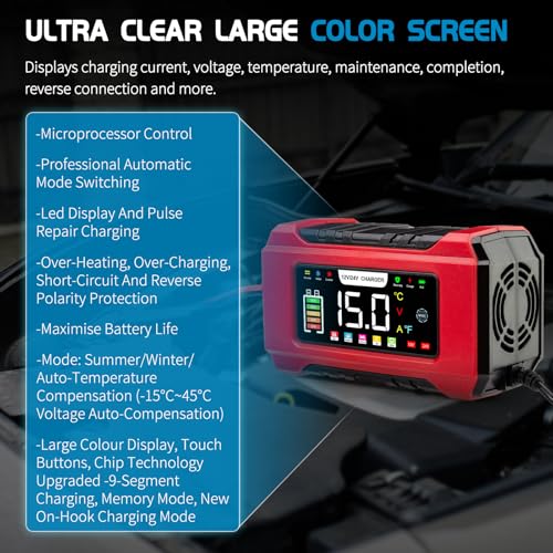 Image of 15-Amp Car Battery Charger 12V /24V, Aptliton Intelligent Car Battery Charger with 9-Stage Charging, LCD Display For Car, Truck, Motorbike, Boat - Compatible with Lead-Acid, AGM, EFB, LiFePO4 Batteries