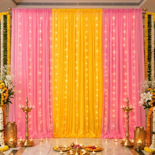 Image of SpecialYou Ganpati Decoration Setup for Home with Pink & Yellow Backdrop Cloth for Decorations Pooja, Wall Decor Items for Living Room, Varalakshmi Pooja Decoration Items- 8pcs