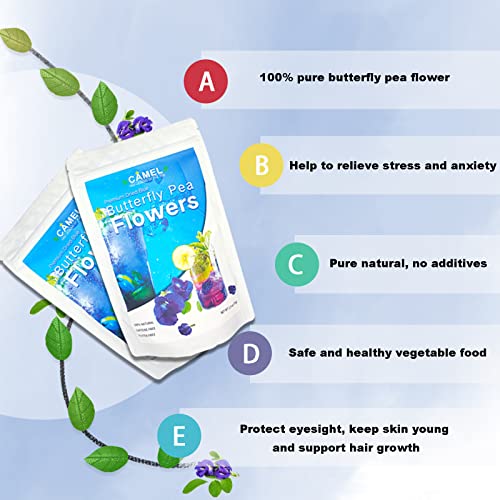 Camel 100% Pure Natural Dried Butterfly Pea Flower Tea 2.5 Oz Antioxidant Rich Healthy Clitoria Ternatea Flower Herbal Blue Tea From Thailand Blue Matcha Blue Latte Drinks, Food Coloring, Baking Smoothies Beverage #TOP1