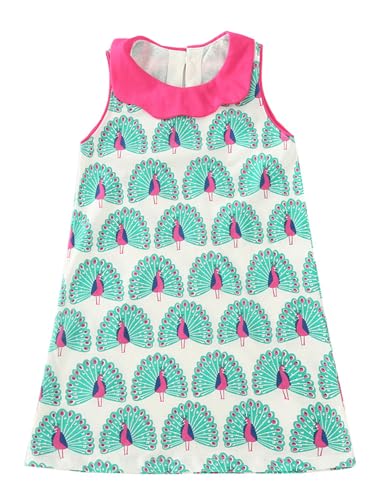 HILEELANG Little Girls Cotton Dress Sleeveless Casual Summer Sundress Flower Printed Jumper Skirt,6T/(6-7YRS)130cm,7#greenpeacock