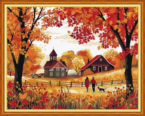 Image of Dimensean Stamped Cross Stitch Kits Full Range of Embroidery Patterns Starter Kits for Beginners Adult DIY Cross Stitches Needlepoint Kits 11CT- Golden Autumn Strolling 16x20 inch