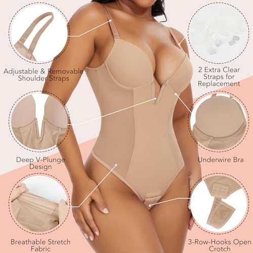 SHAPERIN Women's Deep V Neck Backless Body Shaper Bra Faja Plunge Low Back Thong Shapewear Tummy Control Bodysuit3