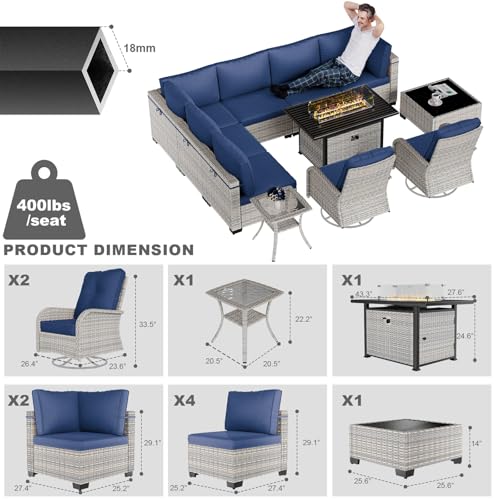 Image of Outdoor PE Wicker Rattan Modular Patio Sectional Sofa Set | 11-Piece: 6 Modular Seats, Coffee Table, 2 Swivel Rocking Chairs, Side Table & 55,000 BTU Fire Pit Table, Navy Blue