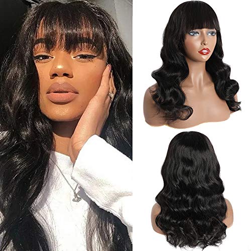 Glueless Body Wave Wavy Human Hair Wig With Fringe Bangs For Black Women Vipbeatuy Hand Tied Lace Top Brazilian Virgin Human Hair Wig With Bang Machine Made Non Lace Front Wig Natural Color 16 inch