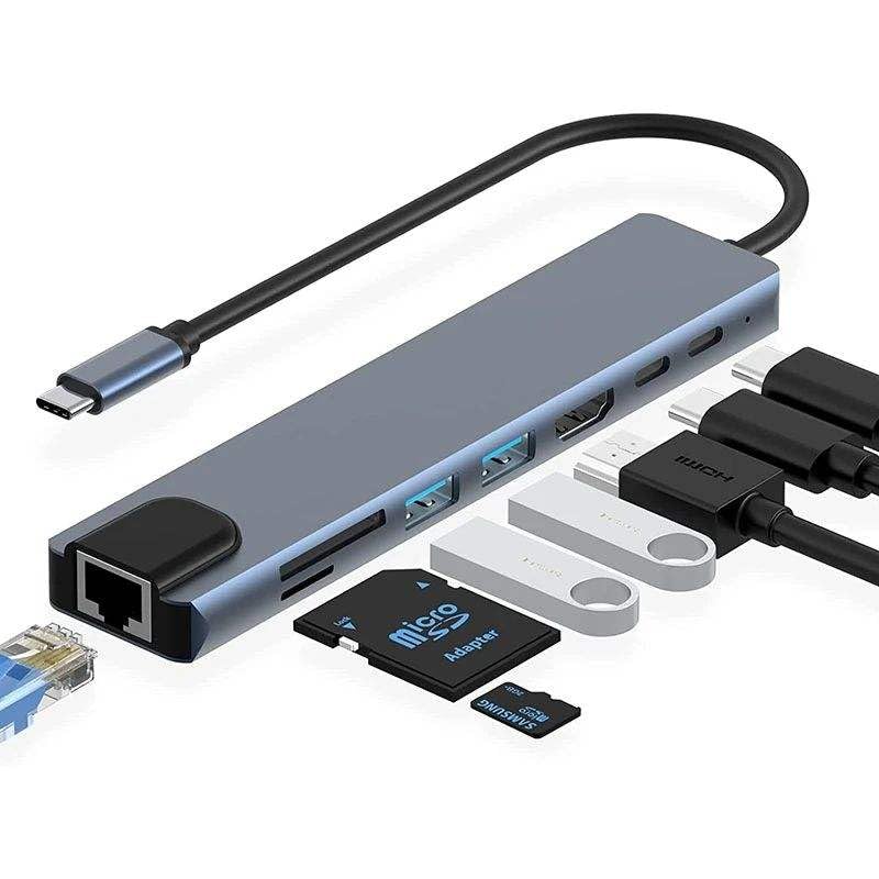 Mport 8 Plus Dual Plug 8-in-1 Docking Station/Hub with HDTV, USB*2, USB C Female Port, USB C Male, Rj45, microSD/SD Card Reader, Type-C Data, USB 2.0, Type-C and USB Plug for Laptop, Mac, PC