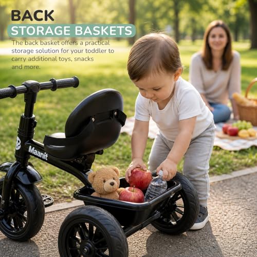 Image of Maanit Kids Tricycle with Rear Basket | Comfortable Cushioned Seat | Baby Trike for Boys & Girls Ages 2 to 4 Years | Sturdy & Safe Tricycle