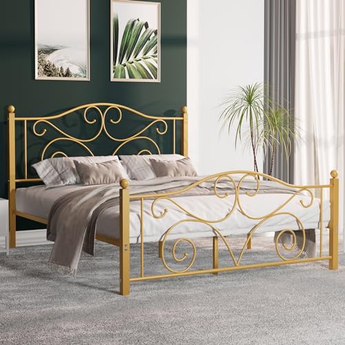 Image of VECELO Full Size Bed Frame with Headboard and Footboard, Heavy Duty Metal Slat Support, Platform Mattress Foundation, No Box Spring Needed, Easy Assembly, Gold