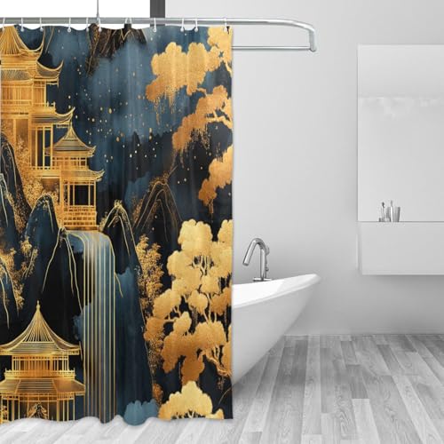 Rideau de douche en tissu haut de gamme style estampe chinoise lavable - 3