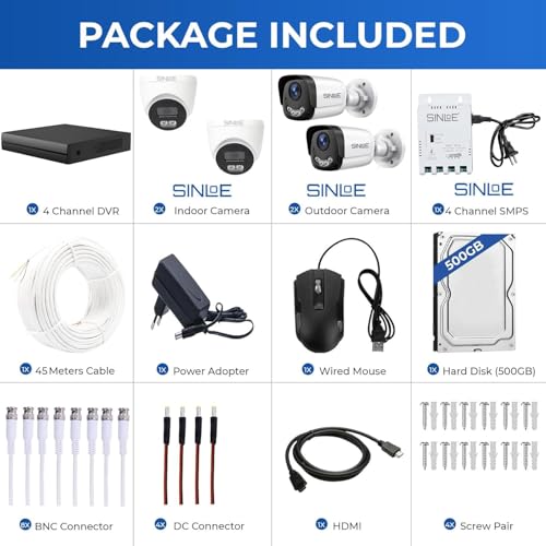 Image of SINLOE 4 Channel 1080P Full HD DVR 2MP Night Color 2 Dome + 2 Bullet, 500GB Hard Disk Full Combo Set