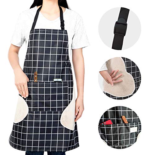 Zunniu Adjustable Waterproof Apron Kitchen Cooking Apron with Pockets Black Checkered Home Cleaning