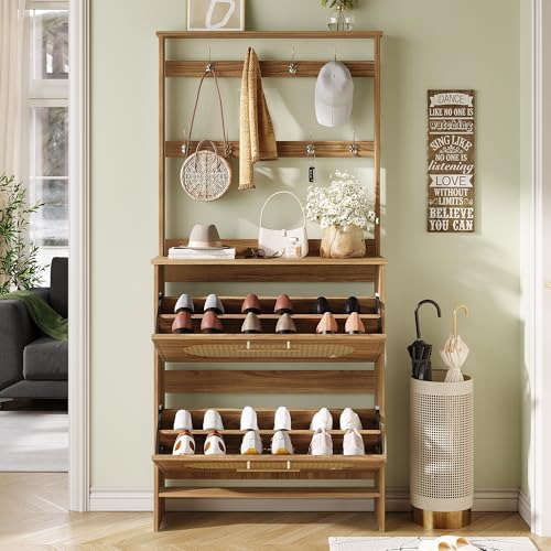 Image of Maupvit Tall Shoe Cabinet with Coat Rack, Slim Hidden Narrow Shoe Storage Cabinet with Doors & Drawer, 2-in-1 Hall Tree Freestanding Shoe Rack Organizer for Entryway Hallway Closet(Rustic Oak)