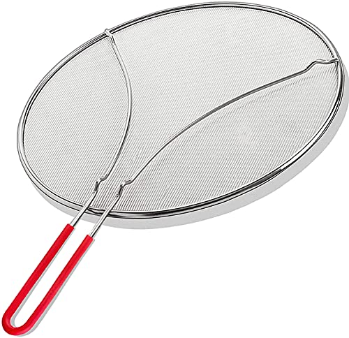 13" Grease Splatter Screen For Cooking | Stainless Steel Oil Splatter Guard And Ultra-Fine Mesh Protects Skin From Burns | Silicone Red Handle #TOP12